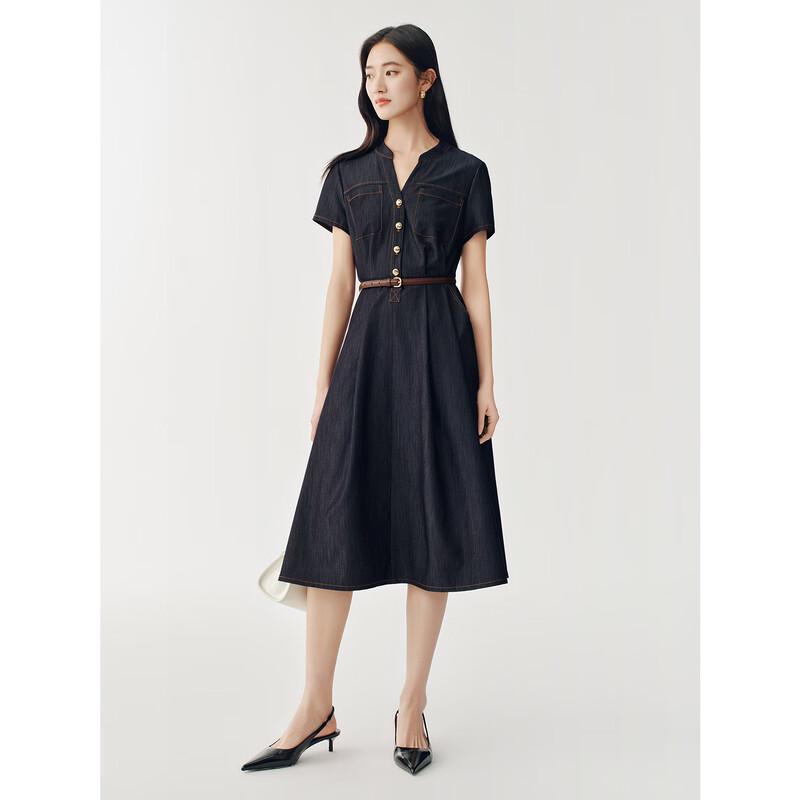 JUZUI 2026 Summer Women's Retro Topstitched Denim Dress