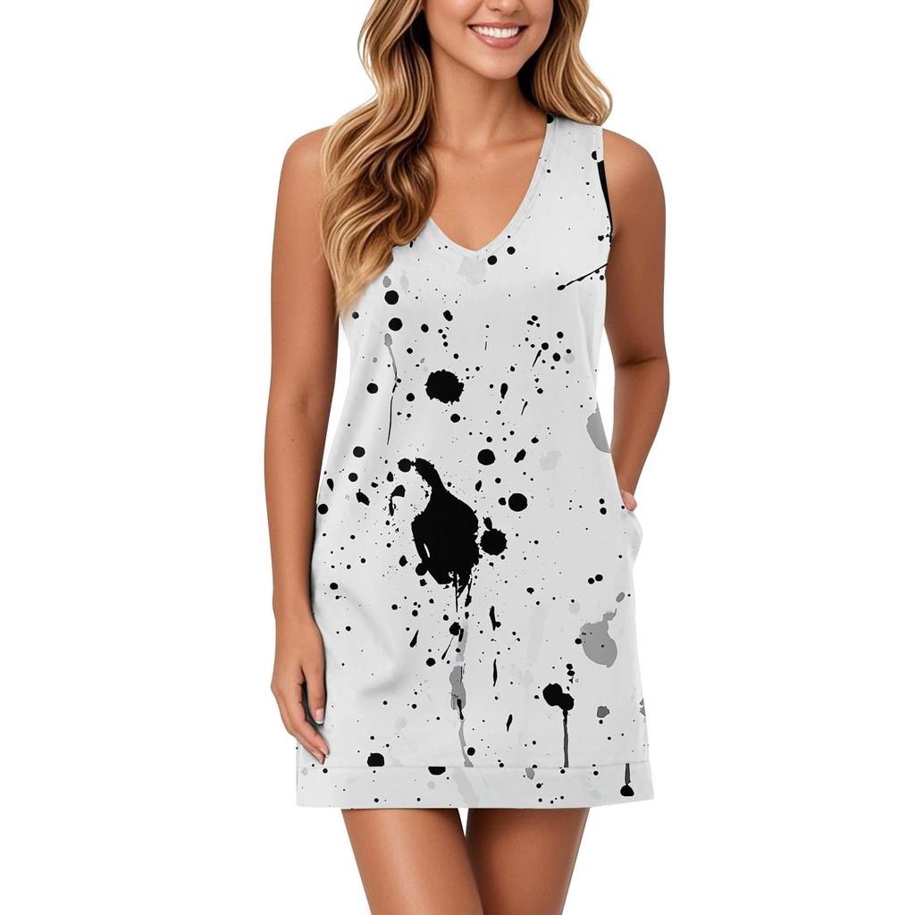 Women's V-neck Sundress Sleeveless Casual Geometric Print Dress With Pockets