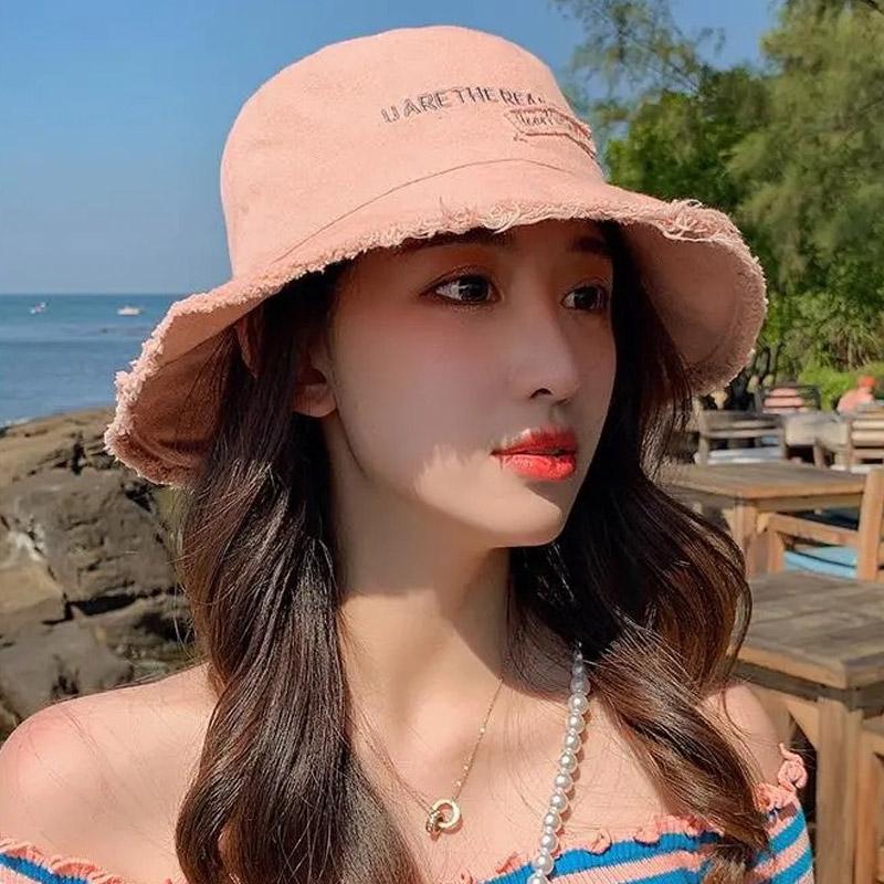 Outdoor Women Bucket Hat Solid Color Letter Embroidery Wide Brim Fisherman Hats For Ladies Girl Travel Beach Sunshade Basin Cap