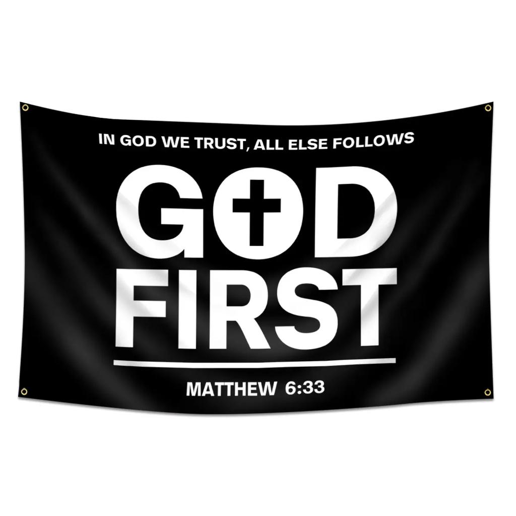 God First Christian Flag Tapestry Matthew 633 Bible Verse Wall Hanging Polyester Faith Decor for Bedroom Dorm Church