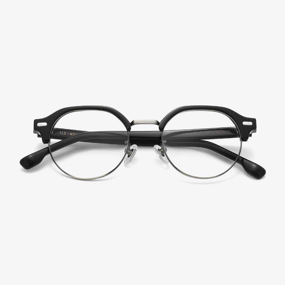 Alloaiweeo [Aloxrounz] Round Panto Browline Ara9102 C1 Black/Silver