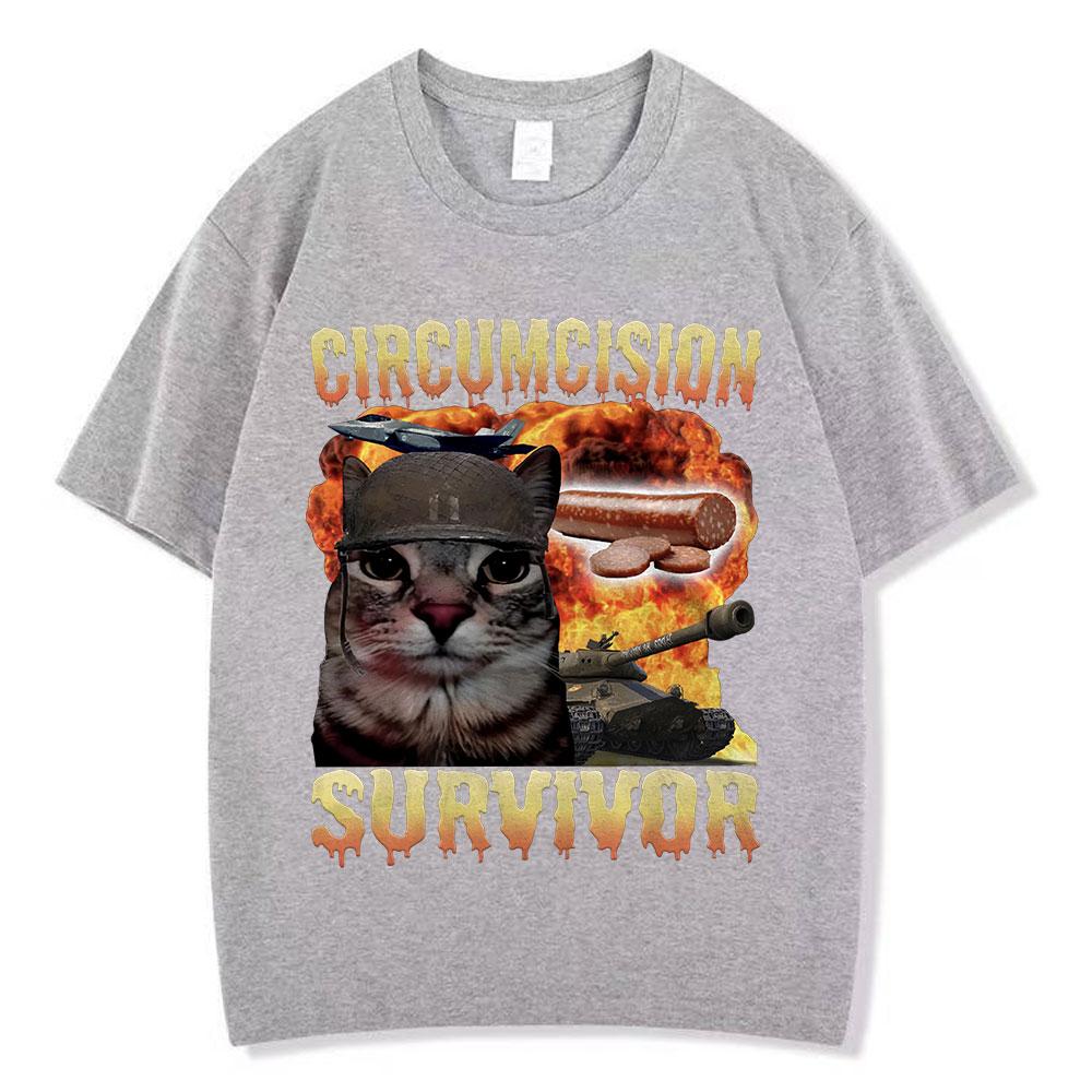 T-shirts Unisexe Vintage Amusants pour Chat Survivant de la Circoncision T-shirts Oversize Décontractés en Coton à Manches Courtes