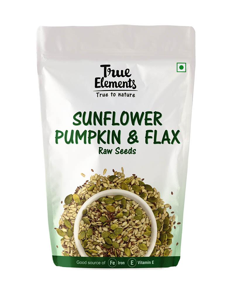 Raw Sunflower, Pumpkin and Flax Seeds (150 G), Sunflower Pumpkin And Flax Raw Seeds, True Elements
