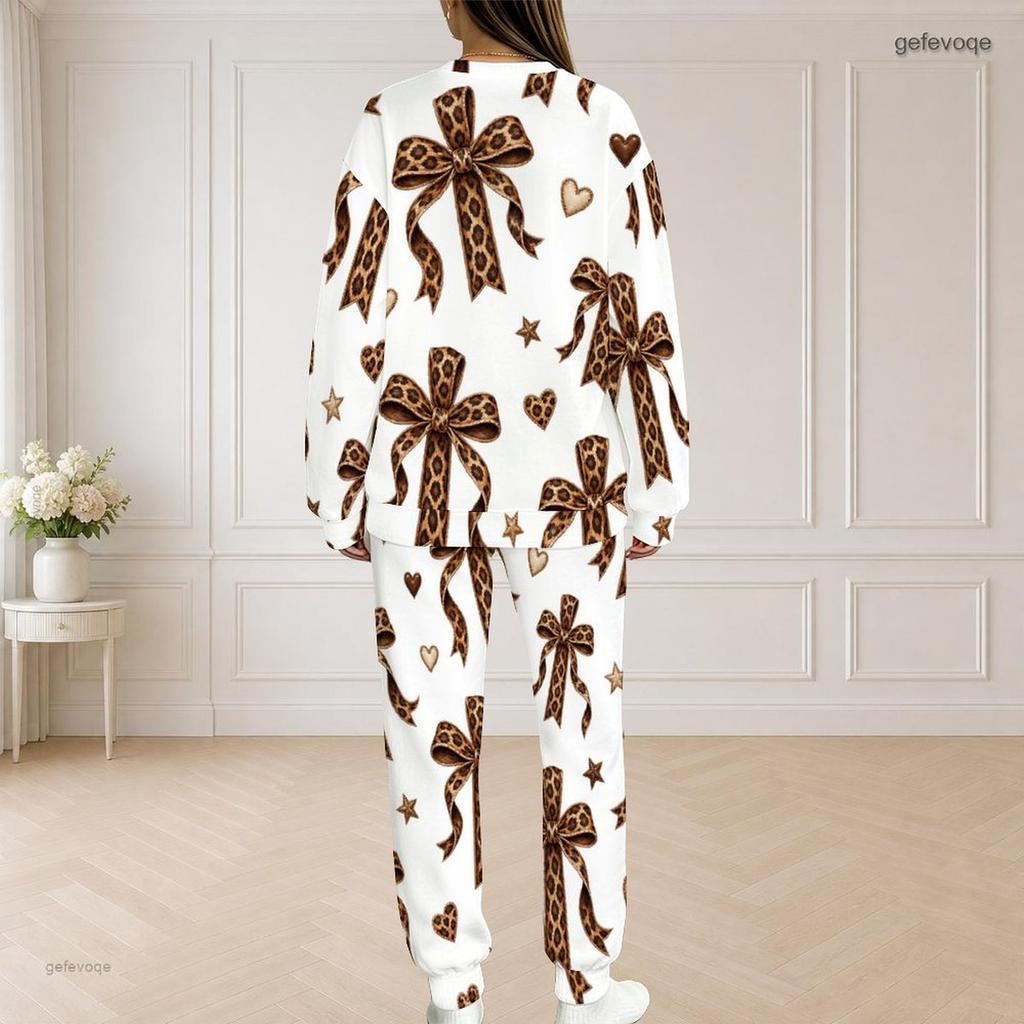 Women Plus Size Round Neck Long Sleeve Top And Pants Set Lipstick Leopard Printed Casual Outfit