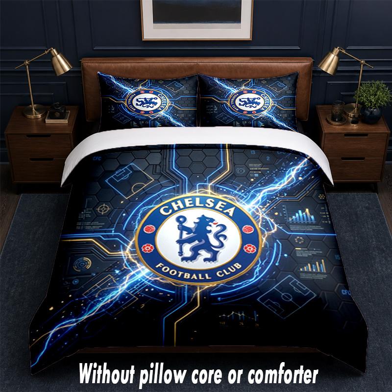 Chelsea FC Design Bett Bettwäsche Set 1 Bettbezug + 2 Kissenbezüge Weich Atmungsaktiv Haushalt Bettwäsche
