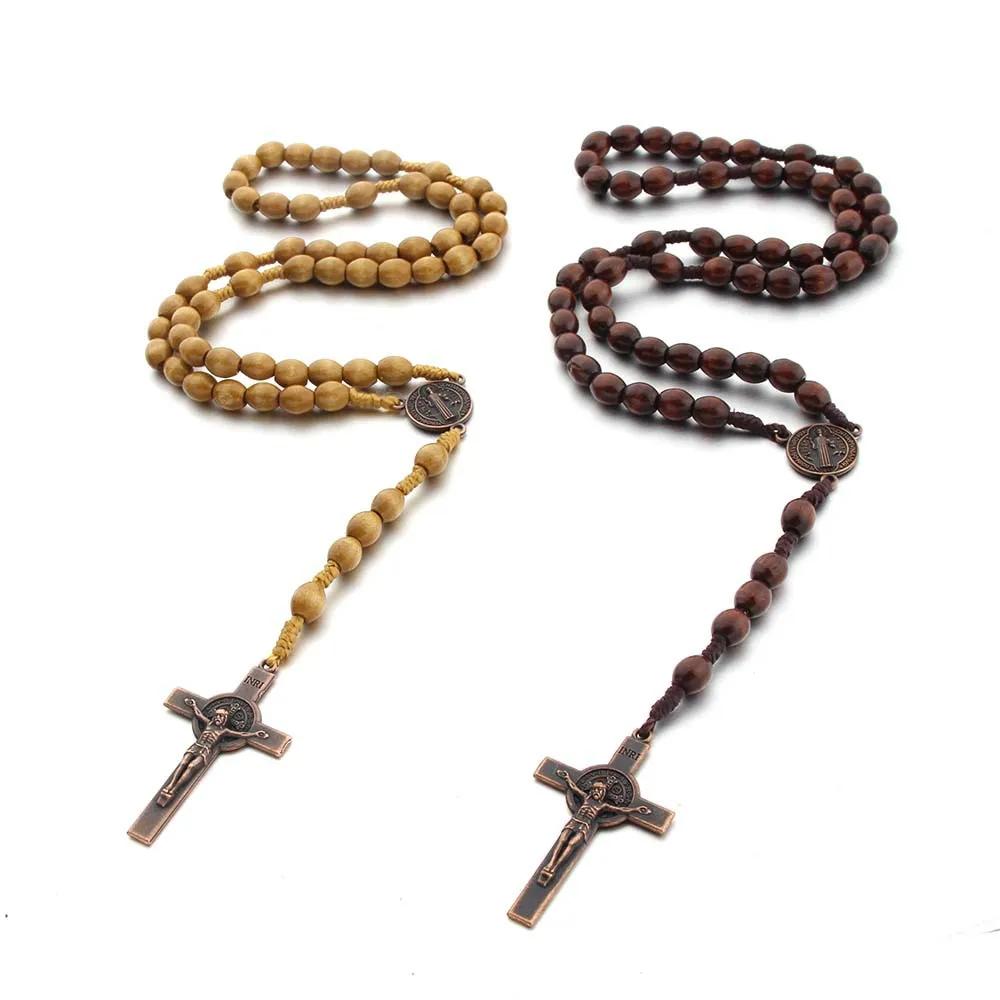 Handmade Wood Beads Rosary Necklace For Women Men Crucifix Cross Pendant Long braided Rope Chain Religious Praye Jewelry