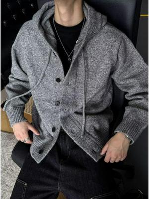 Men's Arctic Fleece Hooded Knit Cardigan, Korean Style Loose Sweater Coat, Thick Autumn Winter Casual Hoodie