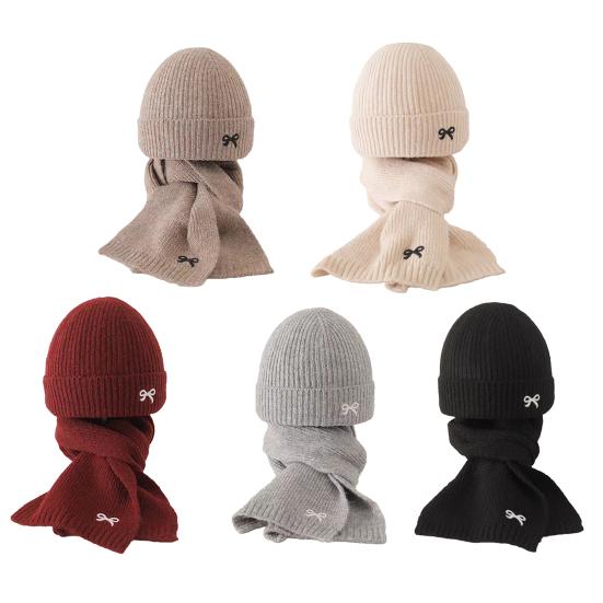 2Pcs/Set Children Hat Scarf Set Bow Knitted Hood Windproof Neck Scarf Set Thickened Soft Warm Cozy Autumn Winter Wear