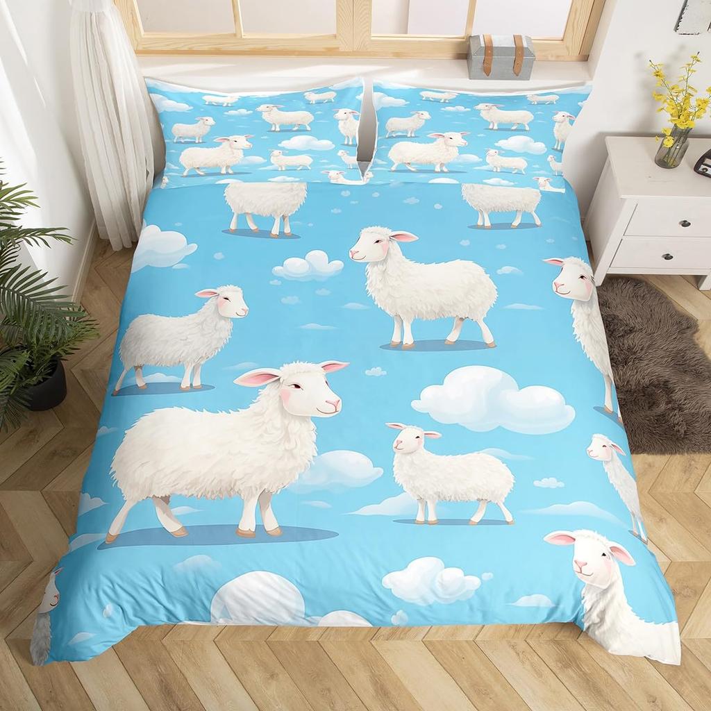 Cute Sheep Duvet Cover King Queen Funny Animal Floral Bedding Set Kids Cartoon Farm Animal Comforter Cover Polyester Quilt Cover