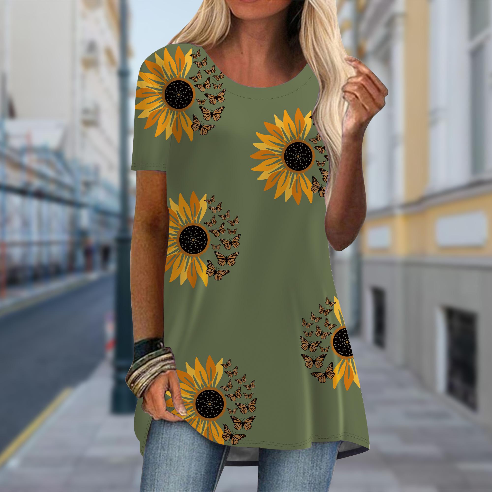 

Плюс размер Женская весенняя оранжевая футболка с принтом подсолнуха, удобная, с коротким рукавом и круглым воротником, повседневные мешковатые футболки средней длины XS зелёный