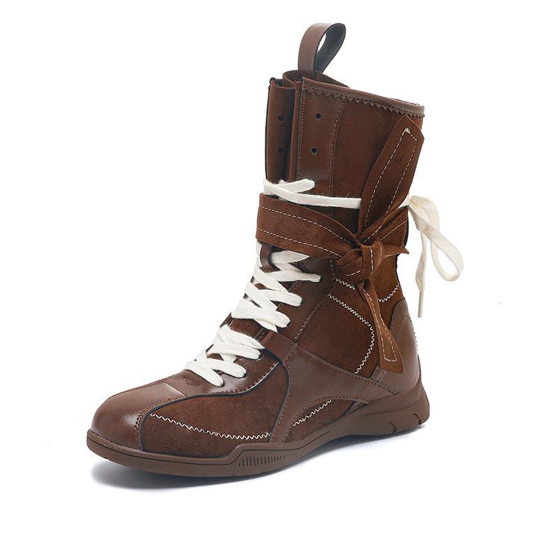 Inner Heightening Martin Boots Women's New Maillard Boxing Boots Frosted Leather Lace-up Short Boots