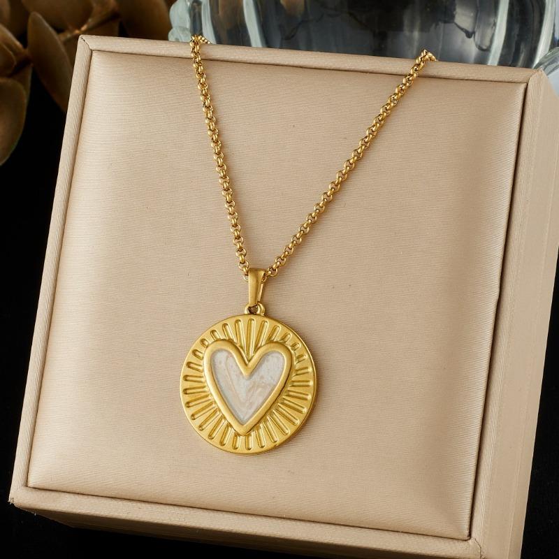 18K Gold Plated Heart Shell Pendant Necklace, Dainty Sunburst Round Charm Box Chain Necklace for Women, Trendy Jewelry