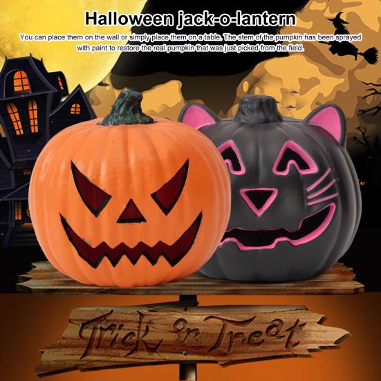 Halloween Gresskarlykt Lysende Gresskarpyntegjenstand med Skummel Buet Ansikt for Halloweenfest Innendørs Utendørs Dekor