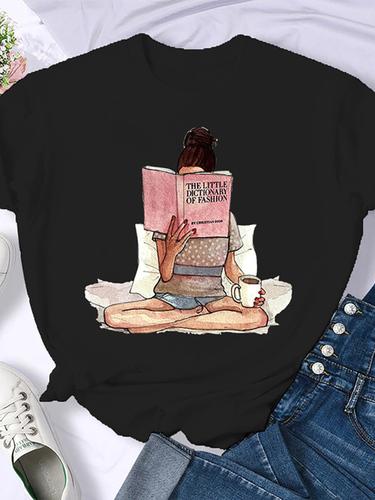 Woman Plus Size Round Neck Half Sleeve T-shirt Printed T-shirt Top New T Shirt Coffee Books Brown Books American Retro T-shirt