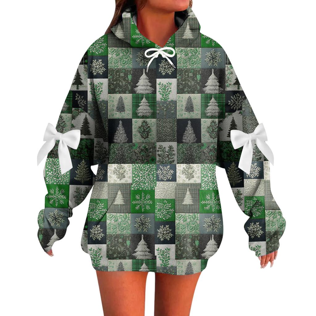 Ladies' Christmas Printed Bow Long Sleeved Loose Fitting Headband With Rope Hooded Sweatshirt Top