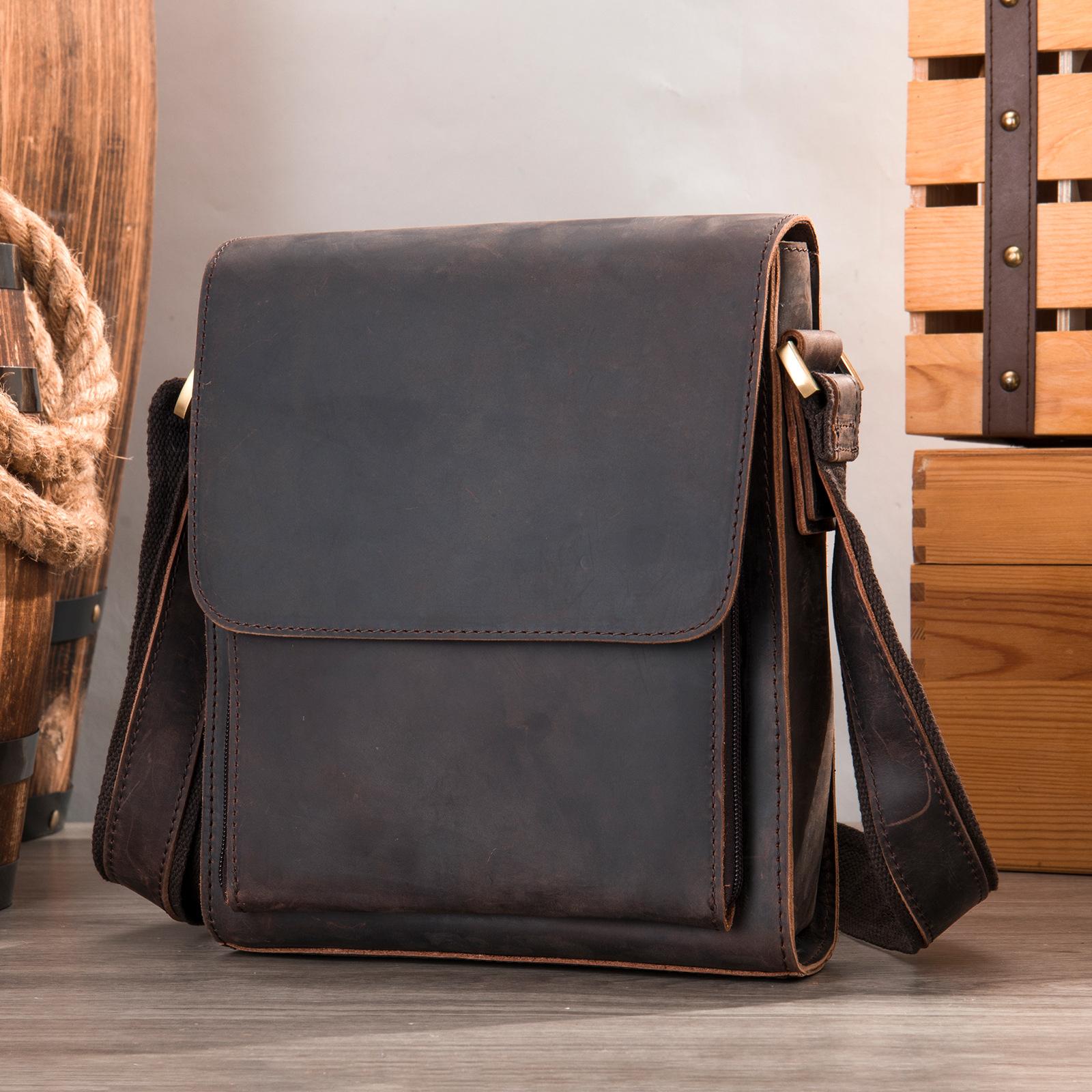 

Мужская сумка через плечо Crazy Horse Leather Head Cowhide Crossbody Bag Vintage Men s Satchels Натуральная кожаная сумка темный кофе