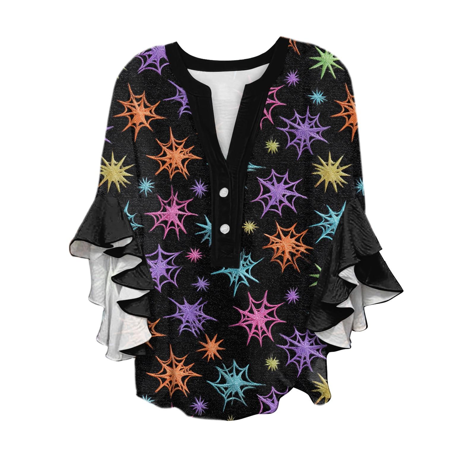 

Women s V-neck Seven Quarter Sleeved Shirt Halloween Printed Top Casual Shirt L