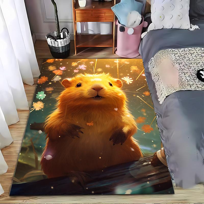 Cute Golden Hamster With Floral Background Printed Carpet Decor Suitable for use as an anti-slip for living room bedroom sofas