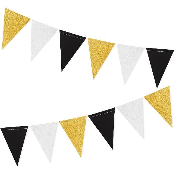 Silver Black Gold Party Decorations - 2Pcs Paper Pennant Banner Flags Men Birthday New Years Eve Retirement Graduation Anniversary Classroom Office