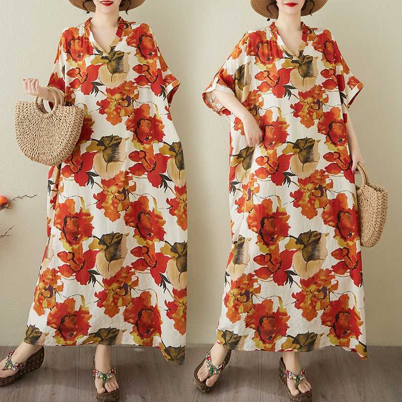 Women's Vintage Long Dress with Cotton and Linen Patterns