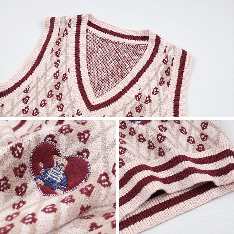 Pletený pulovr Svetr Vesta Ženy Bez rukávů Medvěd Potisk Svetry s výstřihem do V Volná Pletená Vesta Top Zimní Oblečení Ženy
