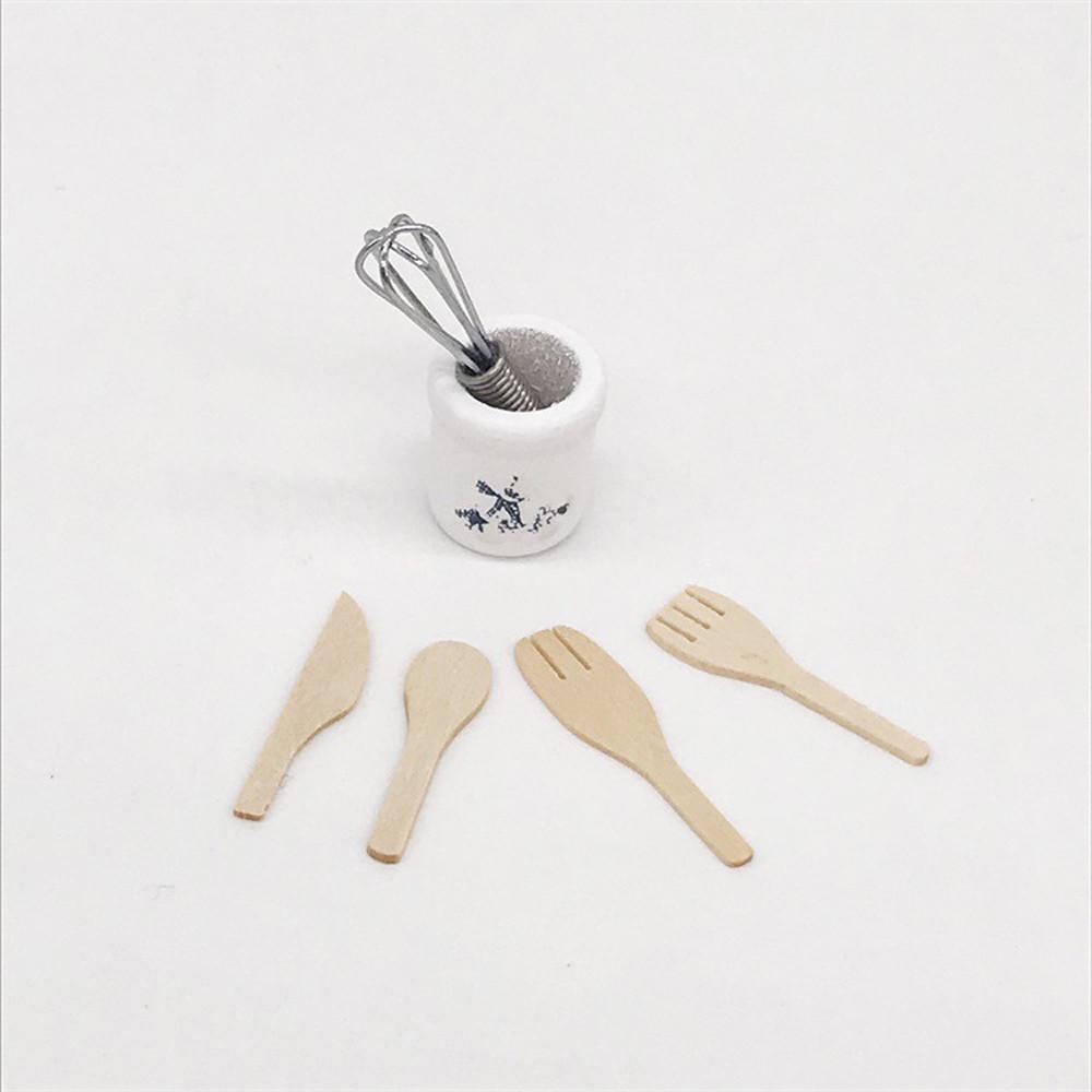 Wooden Kitchen Fork Metal Whisk Jar Set Dollhouse Miniatures 1:12 Accessories