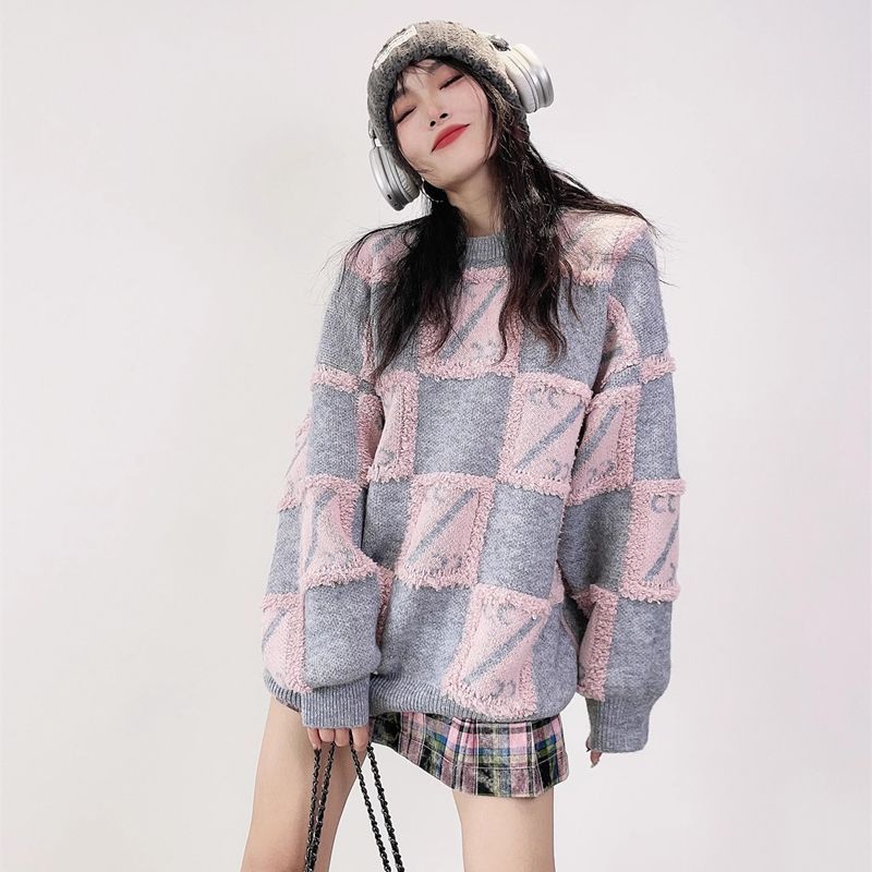 Autumn Winter Women's Checkerboard Oversized Sweater Loose Outer Wear Lazy Style Thickened Casual Knit Top