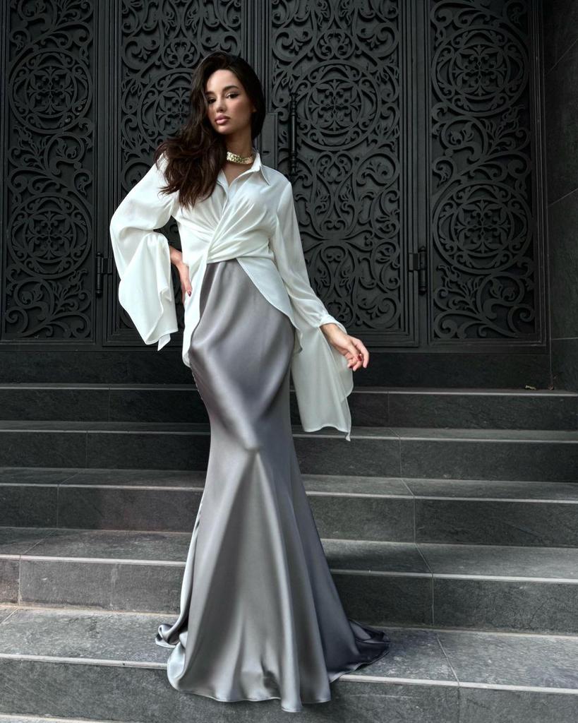 Elegant Satin Long-Sleeve Shirt & Midi Skirt Set for Women 2024