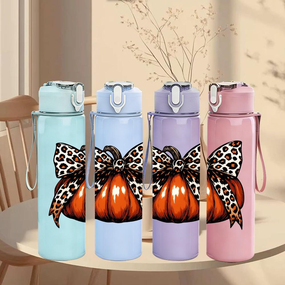 1PC Leopard Bow Pumpkin Fall Print 750ml Color Plastic Sports Water Bottle Leakproof Flip Straw Lid Suitable for Sports Office Home Use