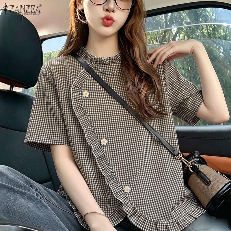ZANZEA Women Casual Round Neck Plaid Print Loose Short Sleeve Blouse