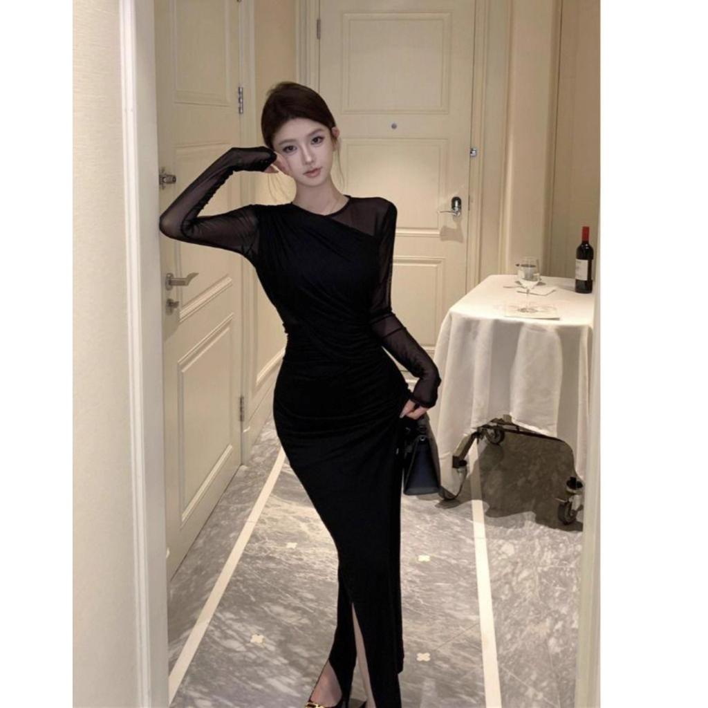 Retro Sexy Royal Sister Black Temperament Mesh Knitted Dress Women's Autumn Waist and Thin Long-sleeved Hip-wrapped Dress