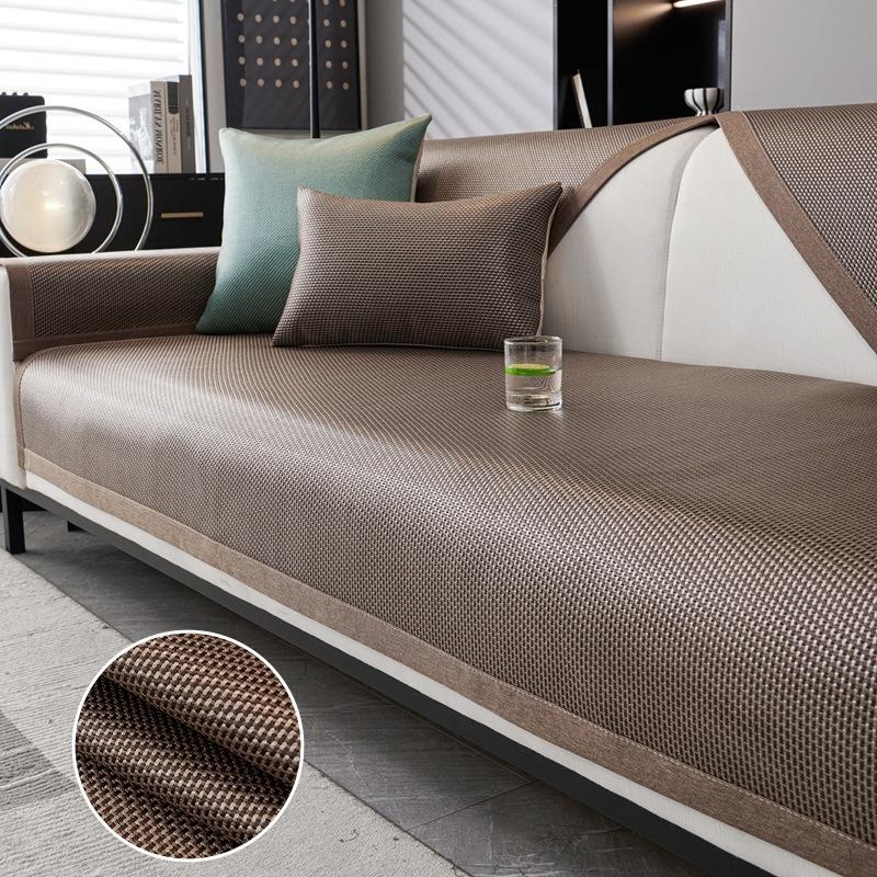 Summer Ice Sliky Fiber Fabric Sofa Cushion, Rectangular Non-Slip Fixed Mat, Light Luxury Cover for Summer Use Suitable for Living Room