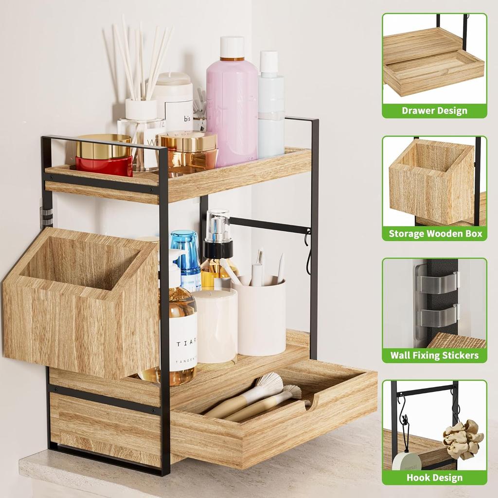 Organizzatore da Bancone per Bagno a 2 Livelli con Cassetto Organizer in Legno per Bancone per Stoccaggio, Organizer per Prodotti da Skincare per Toeletta, Scaffale da Bancone per Bagno