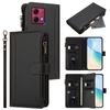 For Motorola Moto G84 5G Leather Case 9 Card Slots Zipper Wallet Stand Phone Cover with Wrist Strap