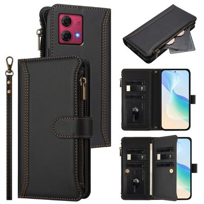 For Motorola Moto G84 5G Leather Case 9 Card Slots Zipper Wallet Stand Phone Cover with Wrist Strap