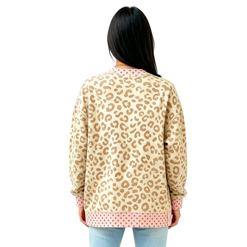 Women's Loose Fit Neck Sweatshirt with Leopard Print and Polka Dot Color Block for Fall