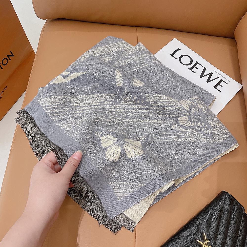 Luxury Butterfly Print Faux Cashmere Scarf: Warm, Stylish Color-Block Shawl for Women, Perfect Winter Neck Warmer