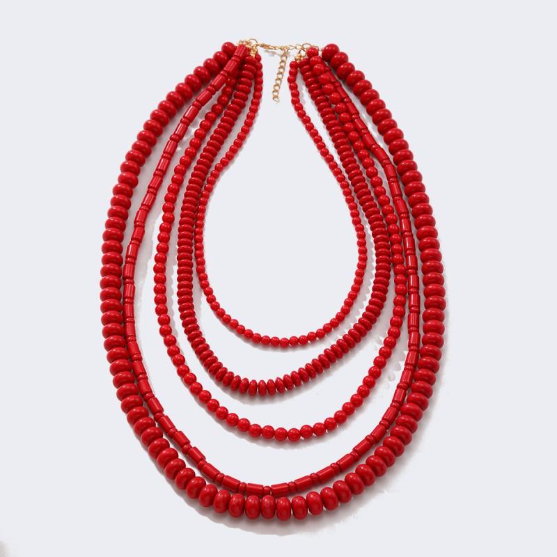 Handmade Red Beaded Layered Necklace Women Boho Chic Statement Jewelry With Geometric Design 81cm Length