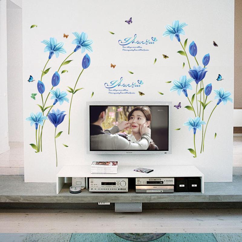 Blue Lily Wall Stickers Self Adhesive Removable Flower Decals for Living Room Bedroom Hallway TV Background Home Decor
