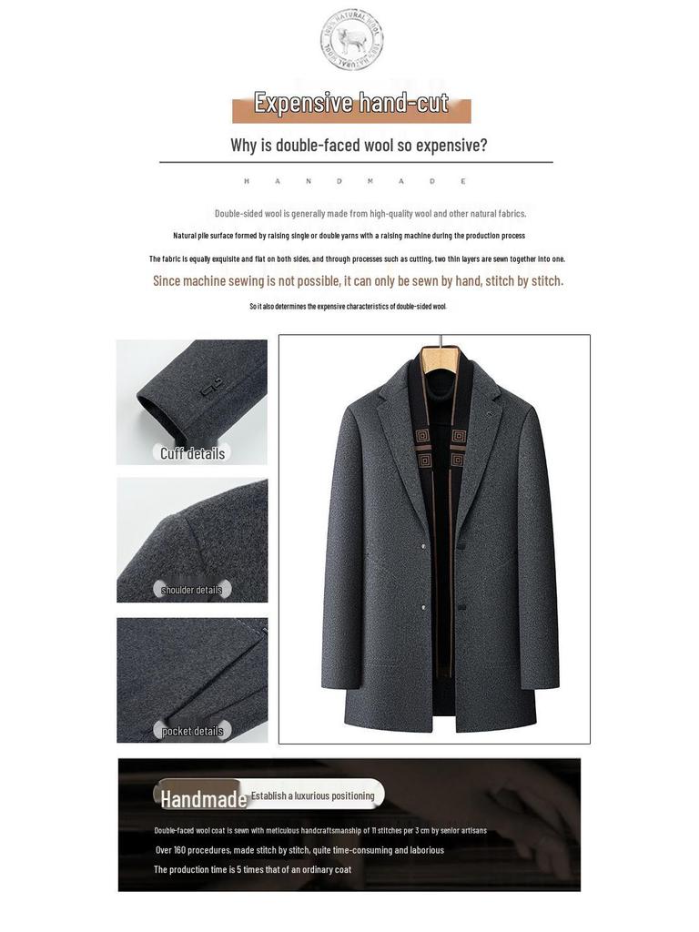 Men's Winter Wool Coat with Scarf Collar - Business Casual, Detachable Double-Sided Design, 90% Goose Down Liner