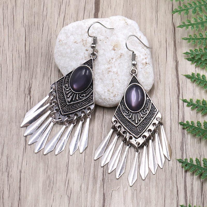 GemChic Women's New Vintage Rhomboid Natural Stone Long Tassel Fringe Earrings Ethnic Fashion Hook Earrings Birthday Christmas Jewelry Gift