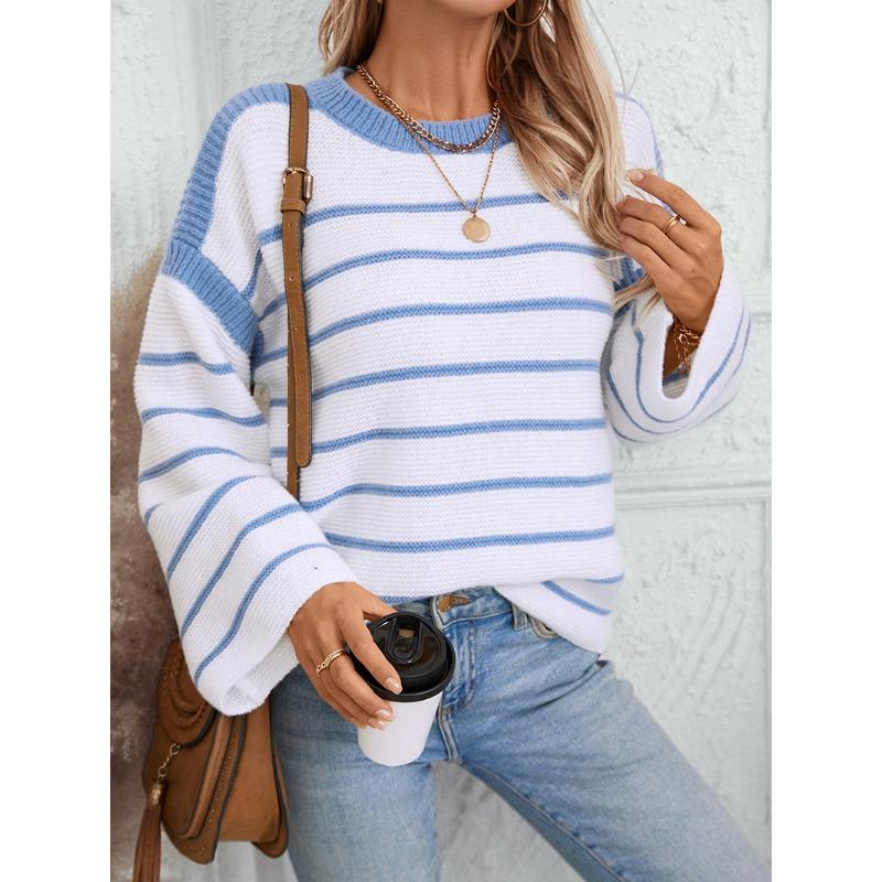 Women's Knitwear Fall/winter Loose Pullover Crewneck Striped Color-block Knit Sweater