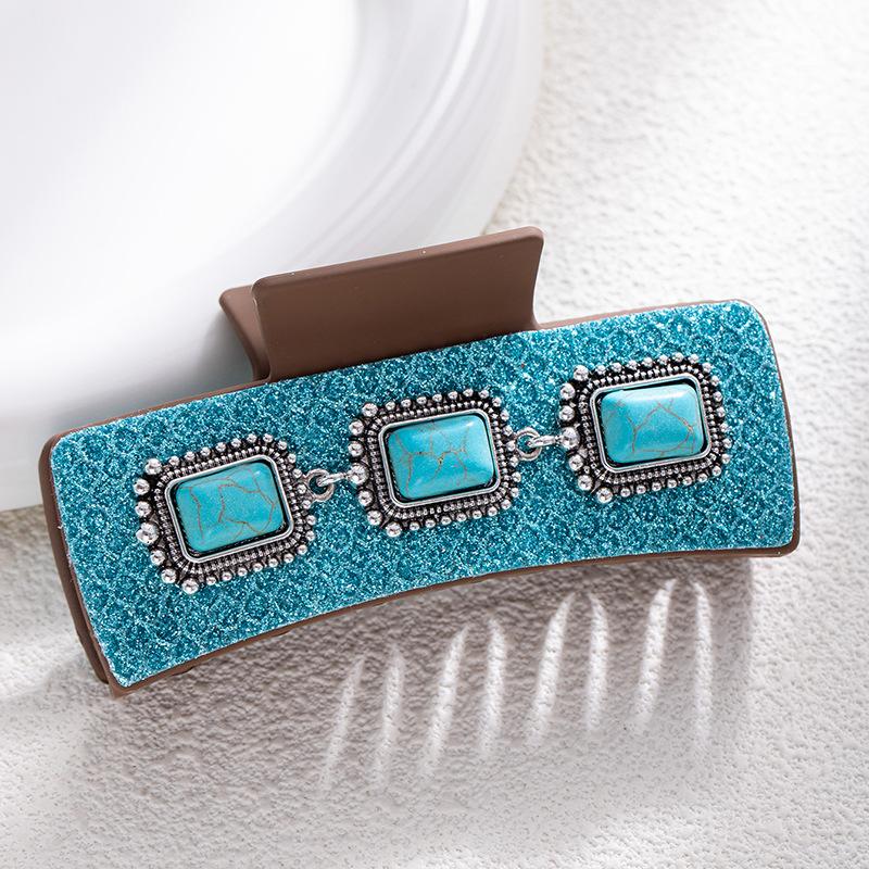 Bohemian Ethnic Style Turquoise Grab Clip Western Style Hairpin Retro Leopard Print Sequined Leather Fashion Disc Hairpin
