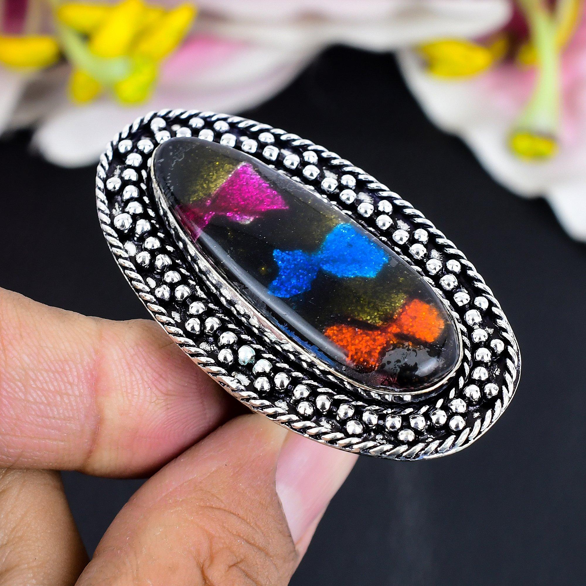 

Mexican Dico Glass Gemstone 925 Sterling Silver Jewelry Ring Size 8.5 KG-1691