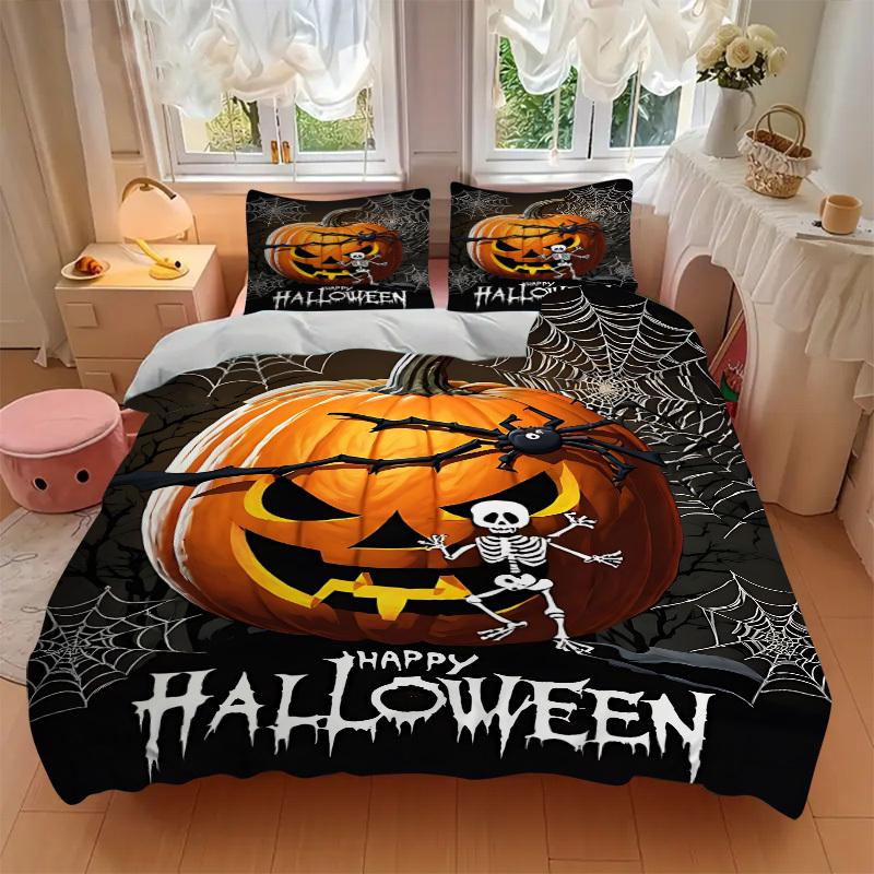 3pcs Halloween Pumpkin Duvet Cover Set -Includes 1 Duvet Cover and 2 Pillowcases, No Quilt Core, All-Season Home Decor Yy251111103