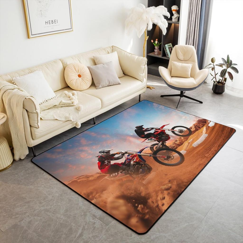 Teen Dirt Bike Area Rug for Living Room Motocross Rider Floor Mat Motorbike Extreme Sport Carpet Snow Mountain Landscape Doormat