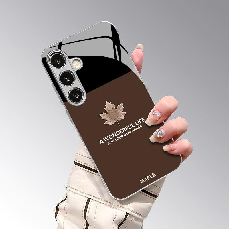 Leaf Message Pattern 2D Phone Case for Samsung S26 S25 S24 S23 S22 S21 S20 A56 A36 A16 - Electroplated Glass Protective Cover