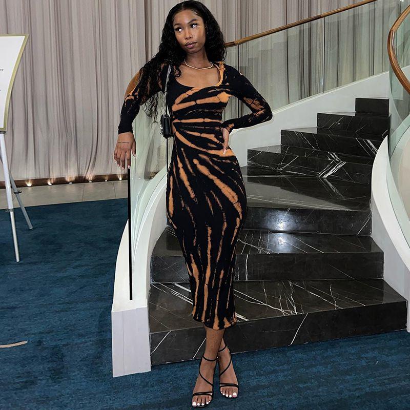 

Long Sleeves U Collar Silm Slim Looking Dress Fall and Winter New Arrival Temperament Printed Mid Length Long Length Bodycon Dress Female Fashion Black S