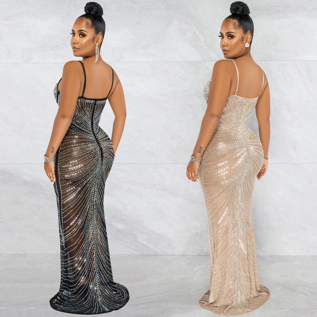 Rhinestone Mesh See-Through Camisole Bustier Long Dress