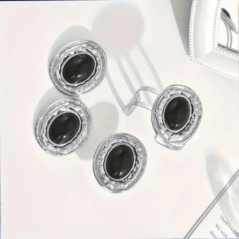 Exaggerated retro oval irregular inlaid diamond black metal style temperament ring bracelet stud earrings set